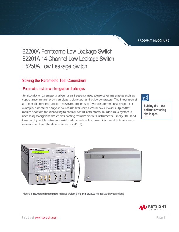 B2200A Femtoamp Low Leakage Switch B2201A 14-Channel Low Leakage Switch E5250A Low Leakage Switch