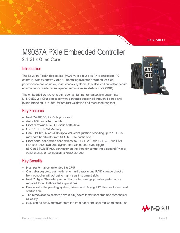 M9037A PXIe Embedded Controller 2.4 GHz Quad Core