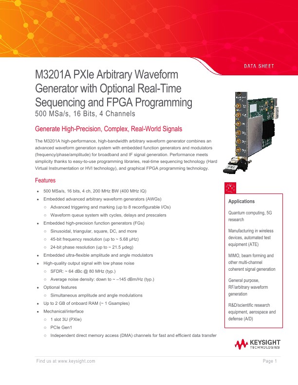 M3201A PXIe Arbitrary Waveform Generator with Optional Real-Time Sequencing and FPGA Programming