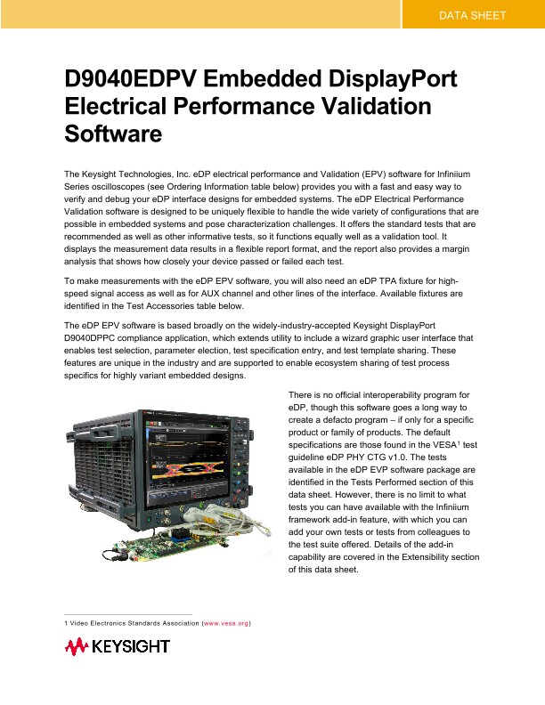 D9040EDPV Embedded DisplayPort Electrical Performance Validation Software