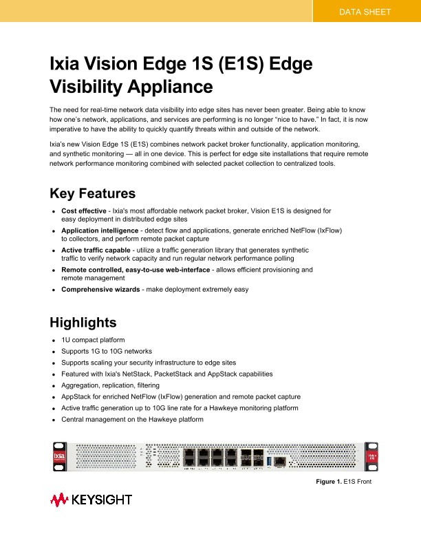 Ixia Vision Edge 1S (E1S) Edge Visibility Appliance