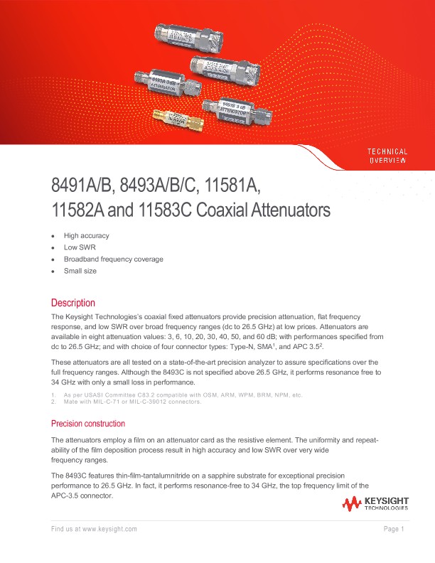 8491A/B, 8493A/B/C, 11581A, 11582A and 11583C Coaxial Attenuators