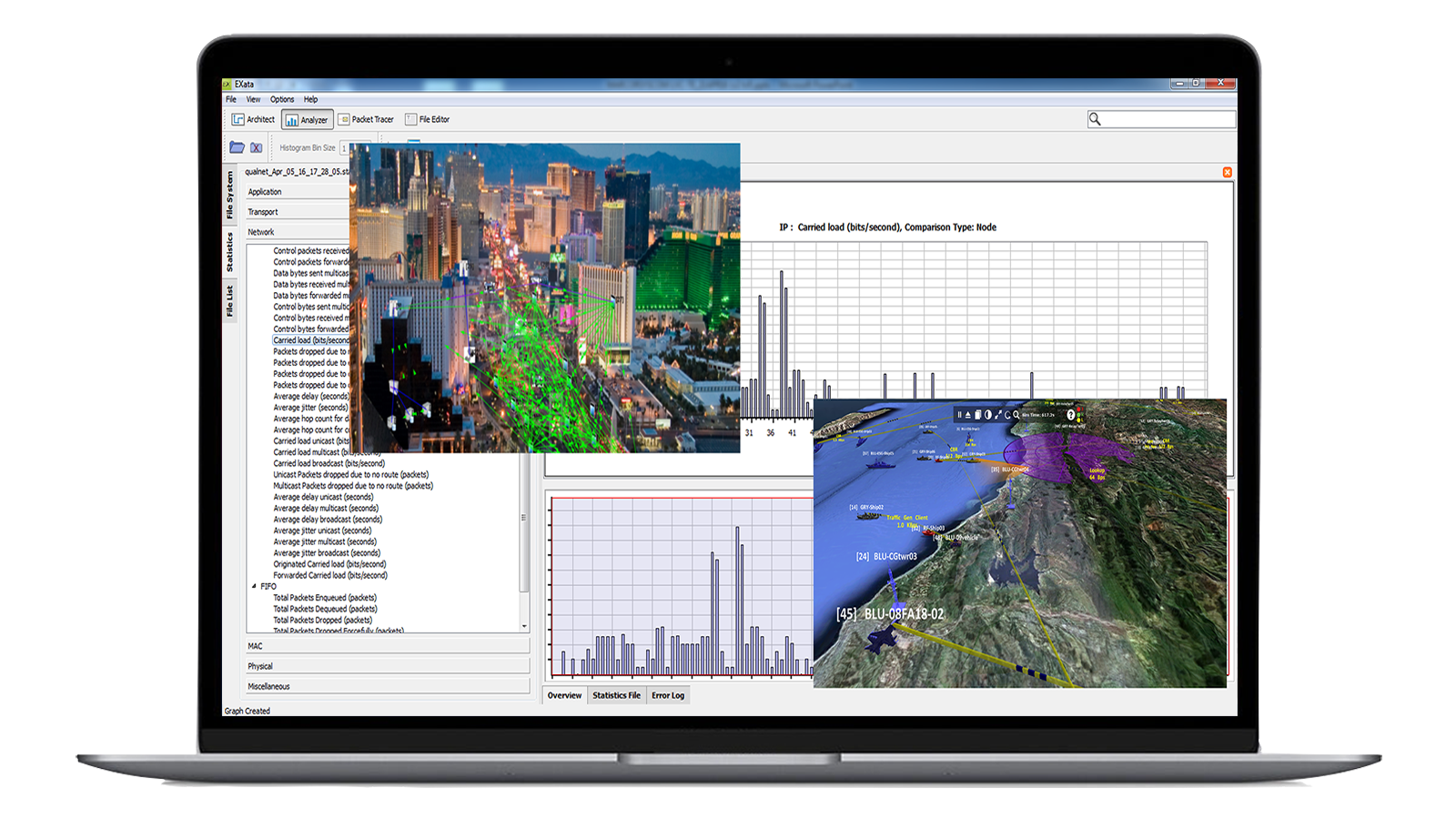 Laptop screen with EXata Cyber software in action and analysis output