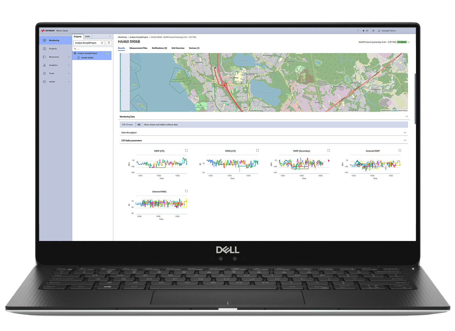 Laptop computer, Nemo Cloud software with maps and graphs on screen